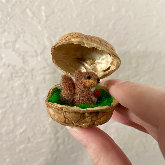 Miniature Needle Felted Squirrel in Walnut Shell